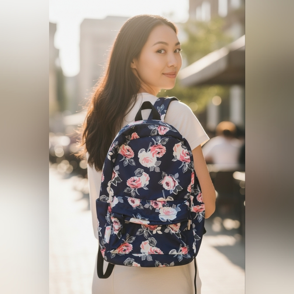 Floral Print Backpack Navy Blue Pink‎ Roses Lightweight School Travel Bag